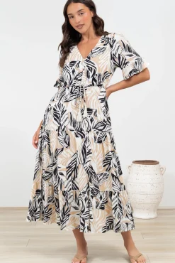 Phinny Maxi Dress - V-Neck Tiered Dress with Pull Tie Waist in Chicago Print><noscript><img width=
