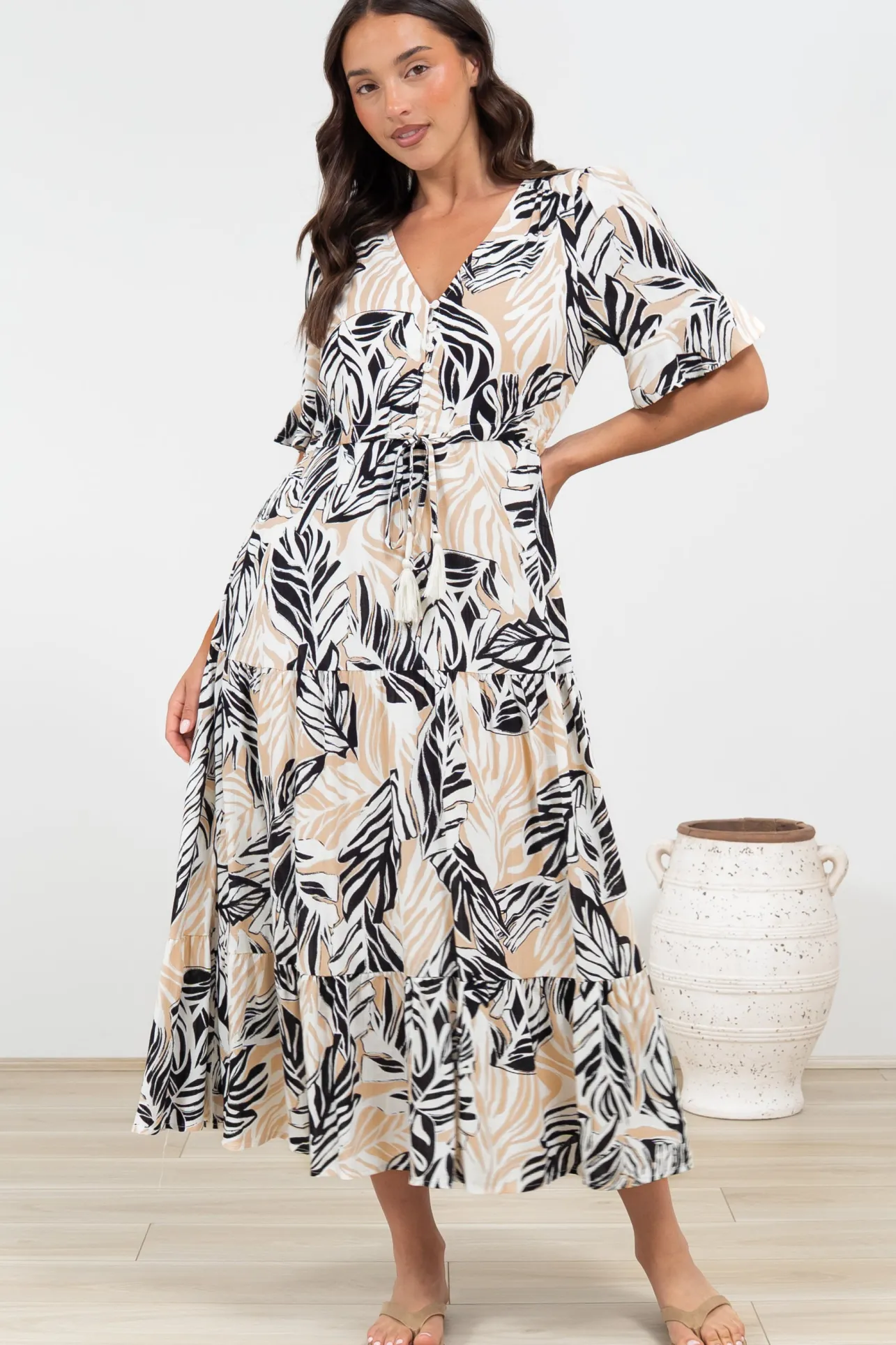 Phinny Maxi Dress - V-Neck Tiered Dress with Pull Tie Waist in Chicago Print>Salty Crush Outlet