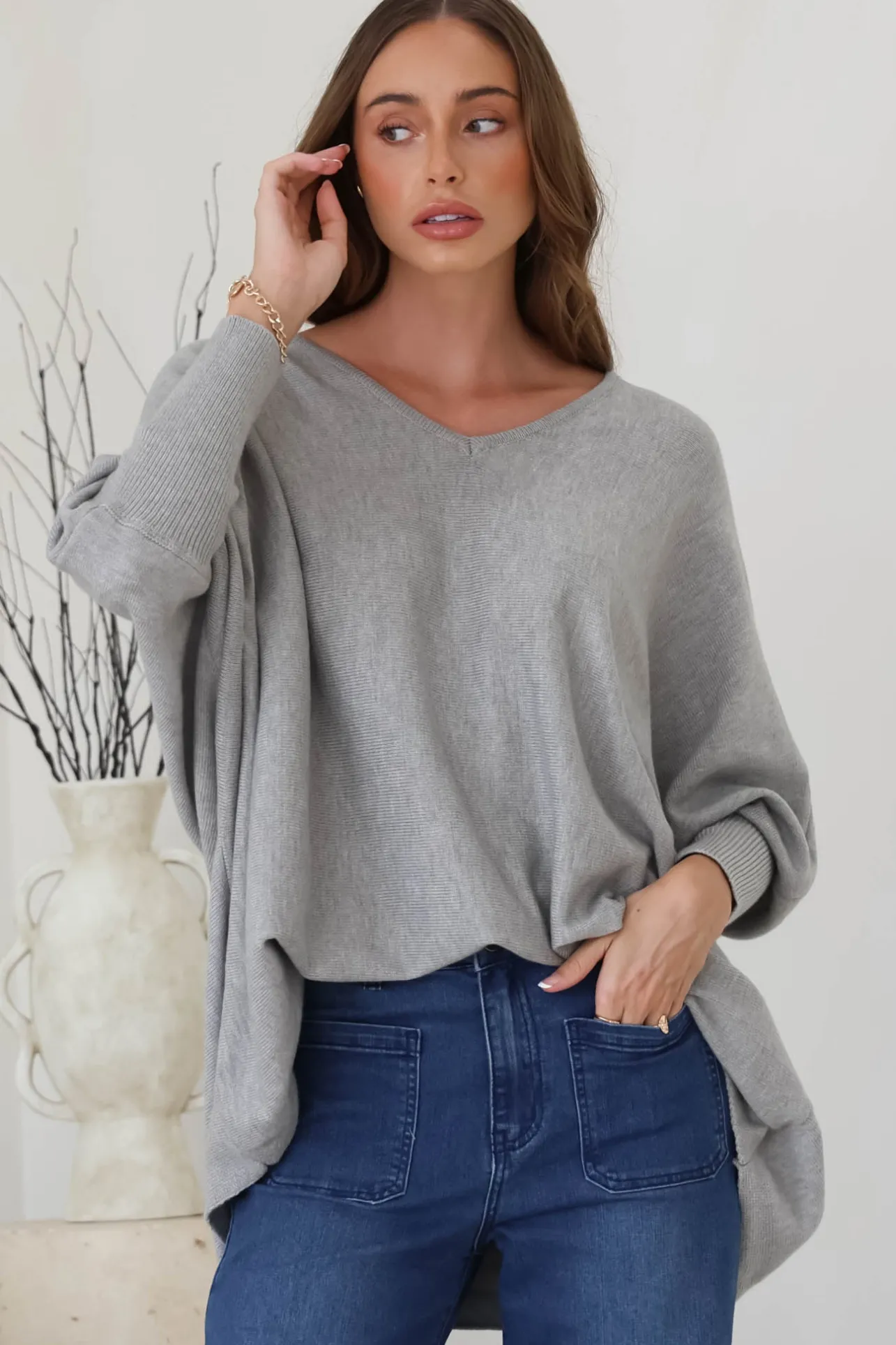 Pier Jumper - Oversized Batwing Knit Jumper in Grey>Salty Crush Outlet