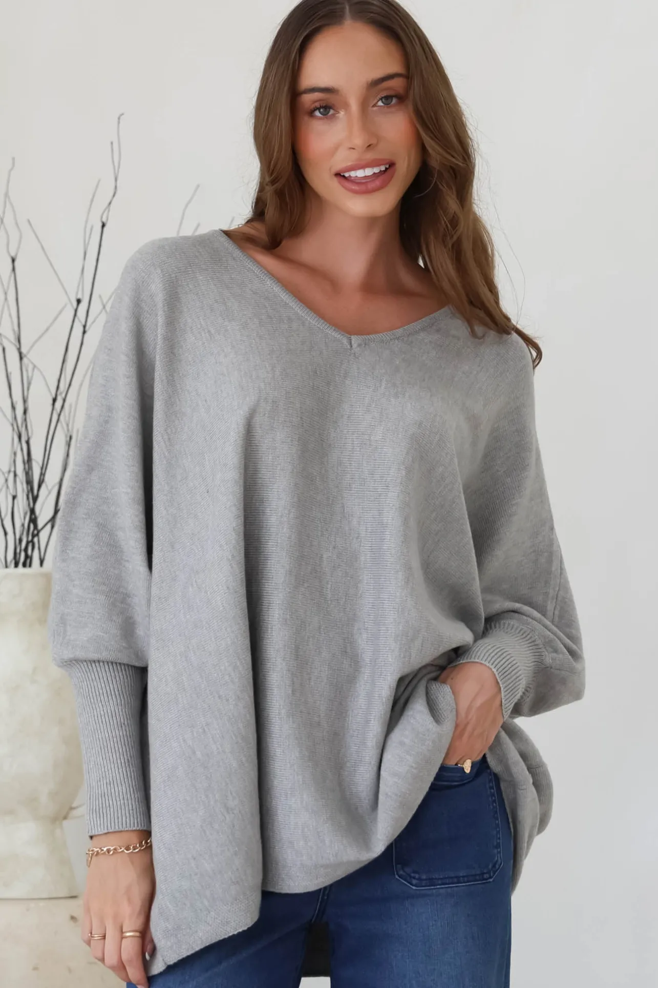 Pier Jumper - Oversized Batwing Knit Jumper in Grey>Salty Crush Outlet