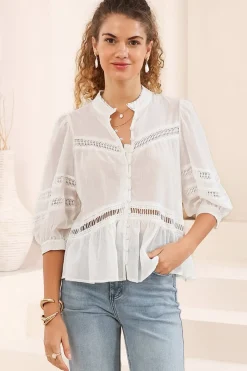 Piera Blouse - Delicate Lace Detailed Buttoned Top with Balloon Sleeves in White>Salty Crush Best