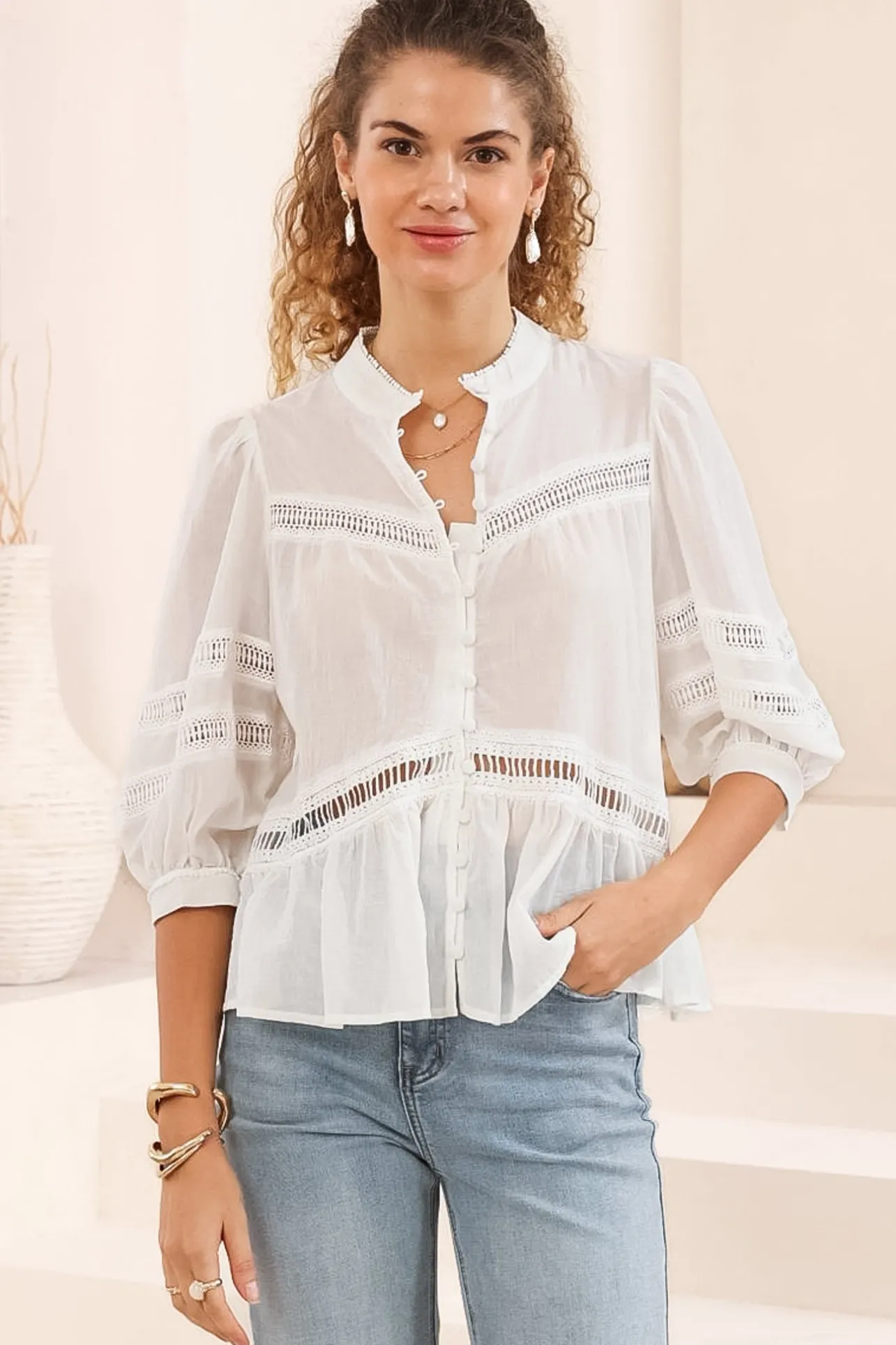 Piera Blouse - Delicate Lace Detailed Buttoned Top with Balloon Sleeves in White>Salty Crush Best