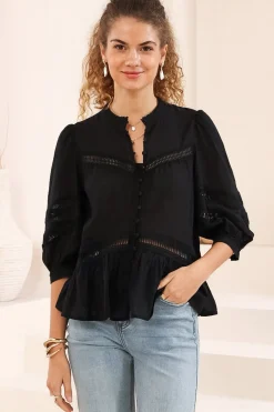 Piera Blouse - Delicate Lace Detailed Buttoned Top with Balloon Sleeves in Black>Salty Crush Outlet