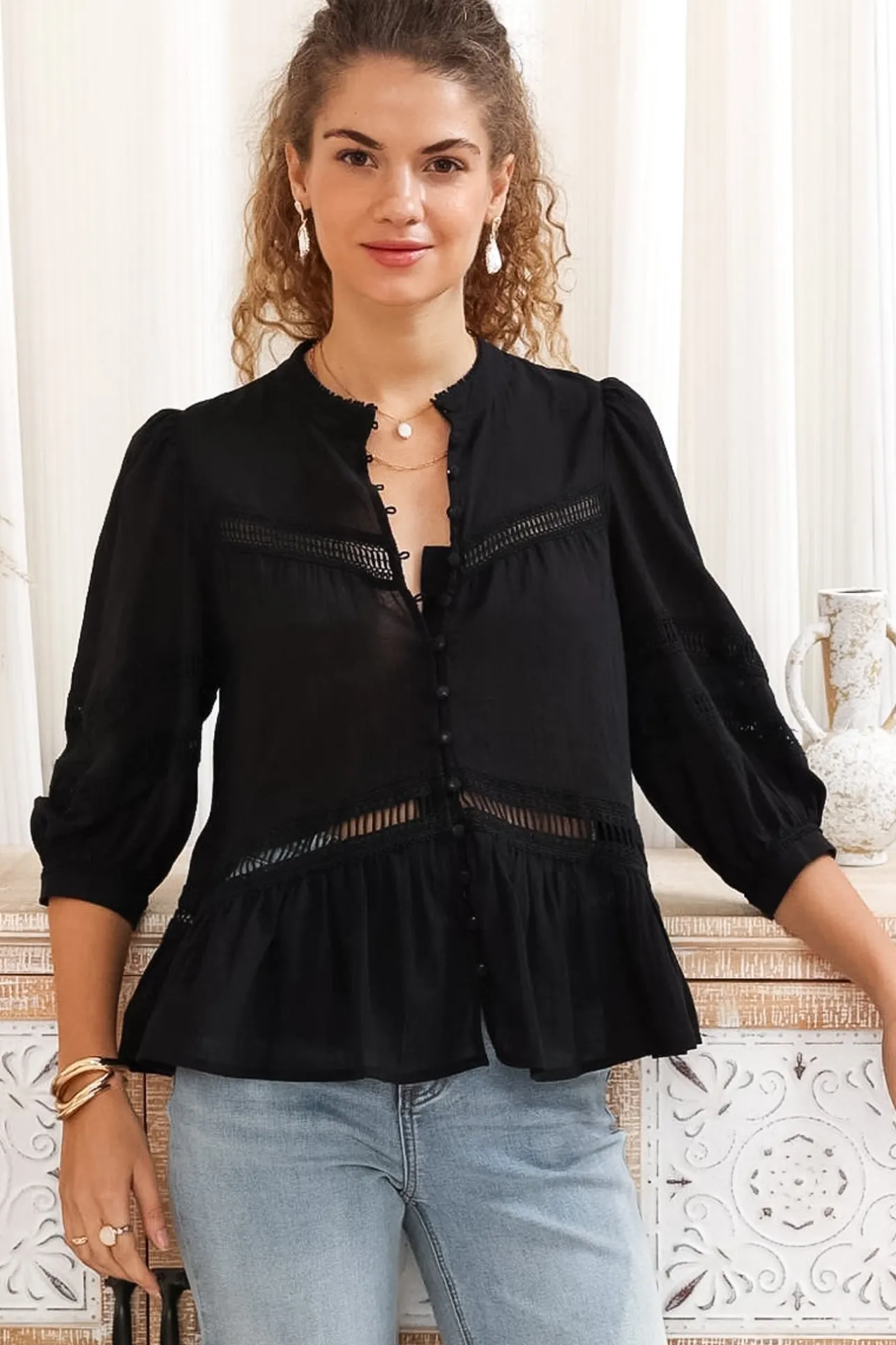 Piera Blouse - Delicate Lace Detailed Buttoned Top with Balloon Sleeves in Black>Salty Crush Outlet