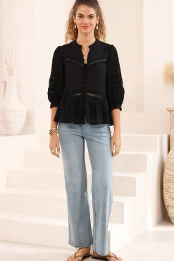 Piera Blouse - Delicate Lace Detailed Buttoned Top with Balloon Sleeves in Black><noscript><img width=