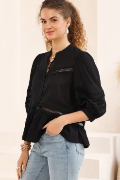 Piera Blouse - Delicate Lace Detailed Buttoned Top with Balloon Sleeves in Black><noscript><img width=