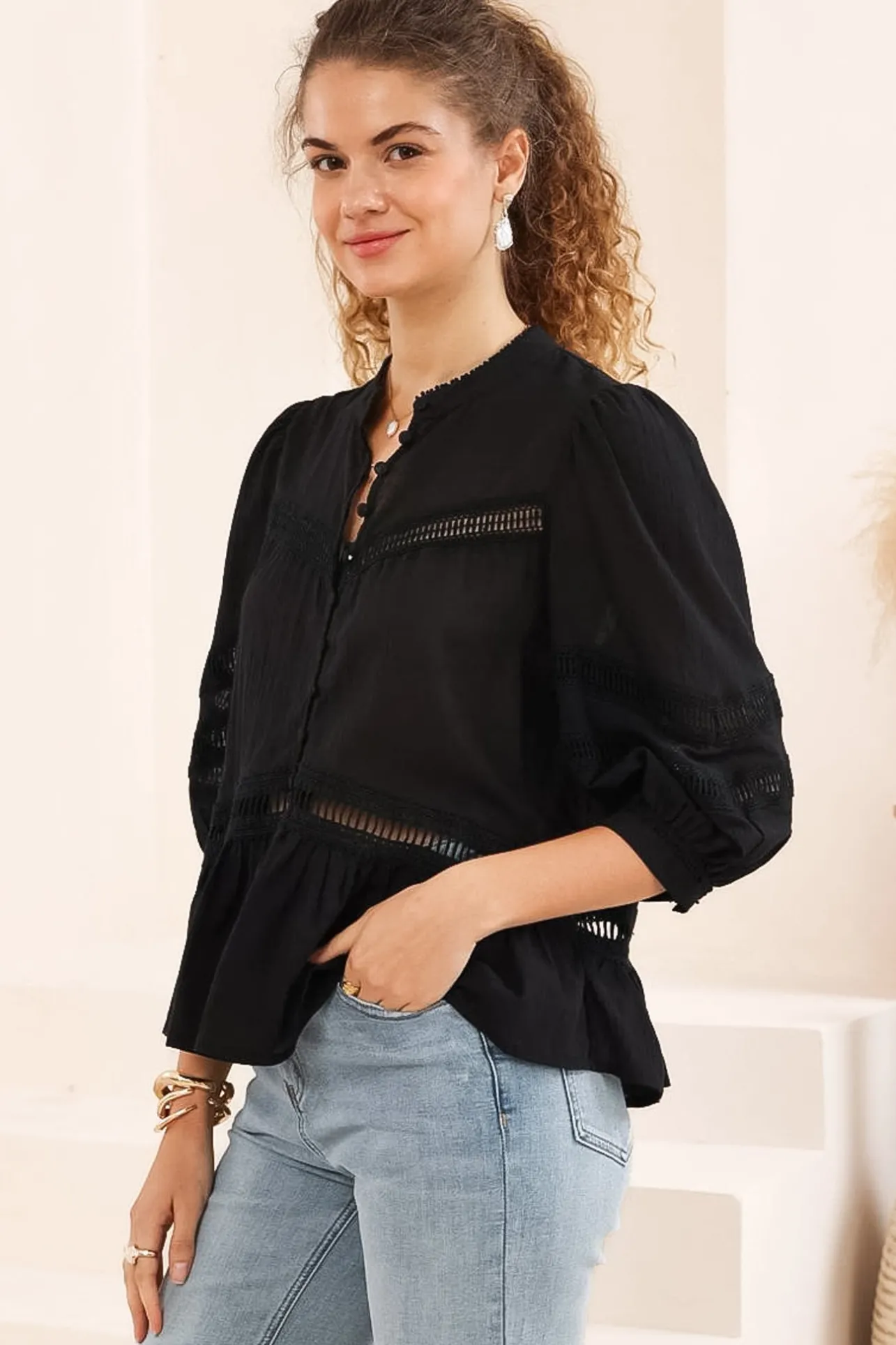 Piera Blouse - Delicate Lace Detailed Buttoned Top with Balloon Sleeves in Black>Salty Crush Outlet