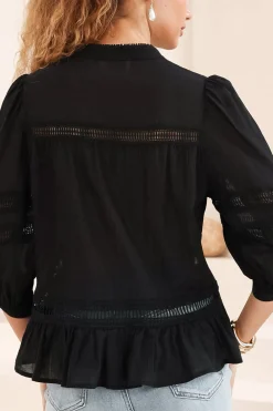 Piera Blouse - Delicate Lace Detailed Buttoned Top with Balloon Sleeves in Black><noscript><img width=