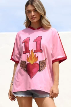 Pink 11 Tee - Graphic Print Short Sleeve T-Shirt with Racer Stripe Sleeves in Pink>Salty Crush Best