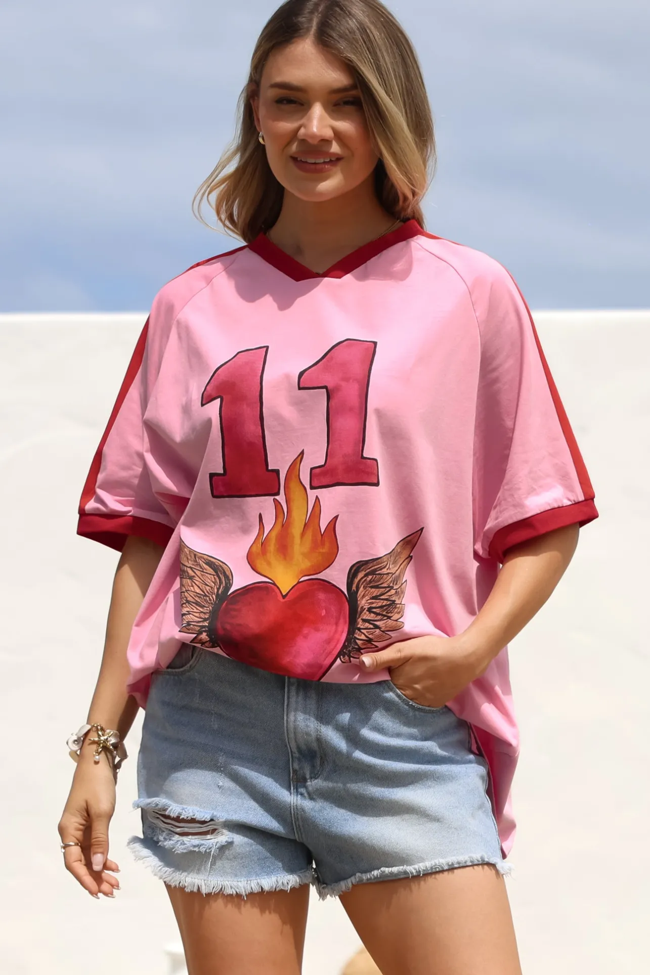 Pink 11 Tee - Graphic Print Short Sleeve T-Shirt with Racer Stripe Sleeves in Pink>Salty Crush Best