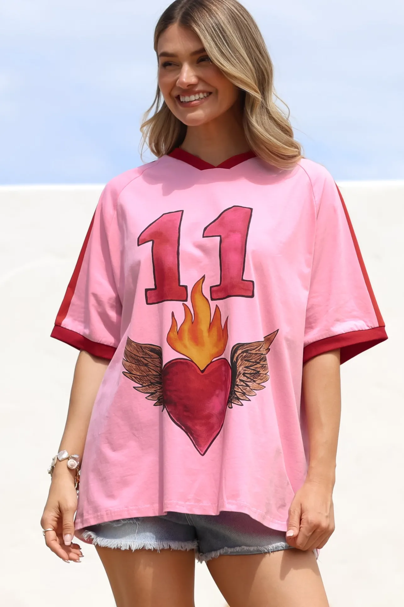 Pink 11 Tee - Graphic Print Short Sleeve T-Shirt with Racer Stripe Sleeves in Pink>Salty Crush Best