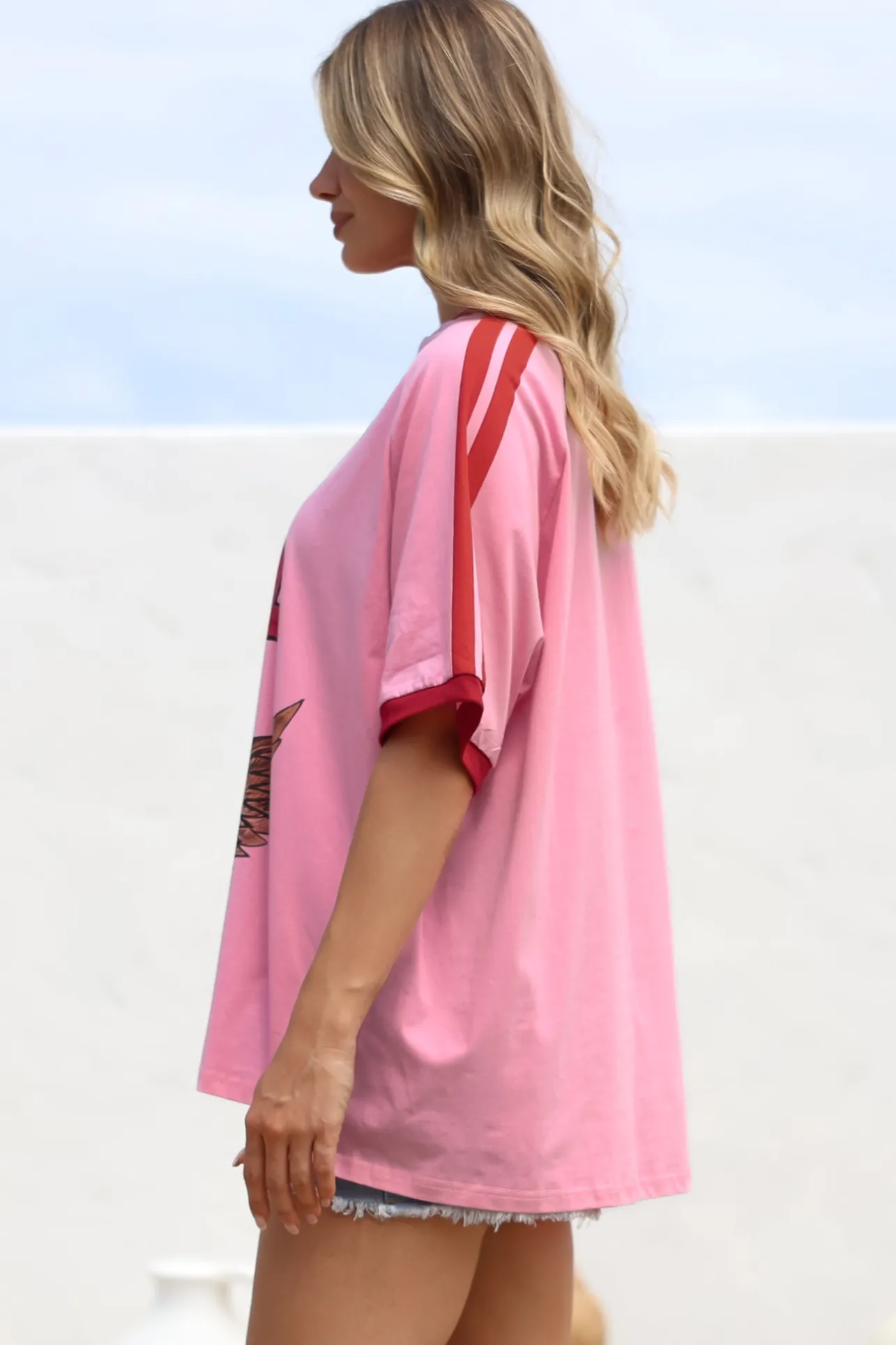 Pink 11 Tee - Graphic Print Short Sleeve T-Shirt with Racer Stripe Sleeves in Pink>Salty Crush Best