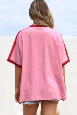 Pink 11 Tee - Graphic Print Short Sleeve T-Shirt with Racer Stripe Sleeves in Pink><noscript><img width=