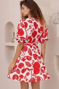 Pippa Mini Dress - V-Neck Wrap Dress with Short Balloon Sleeves in Alexa Print><noscript><img width=