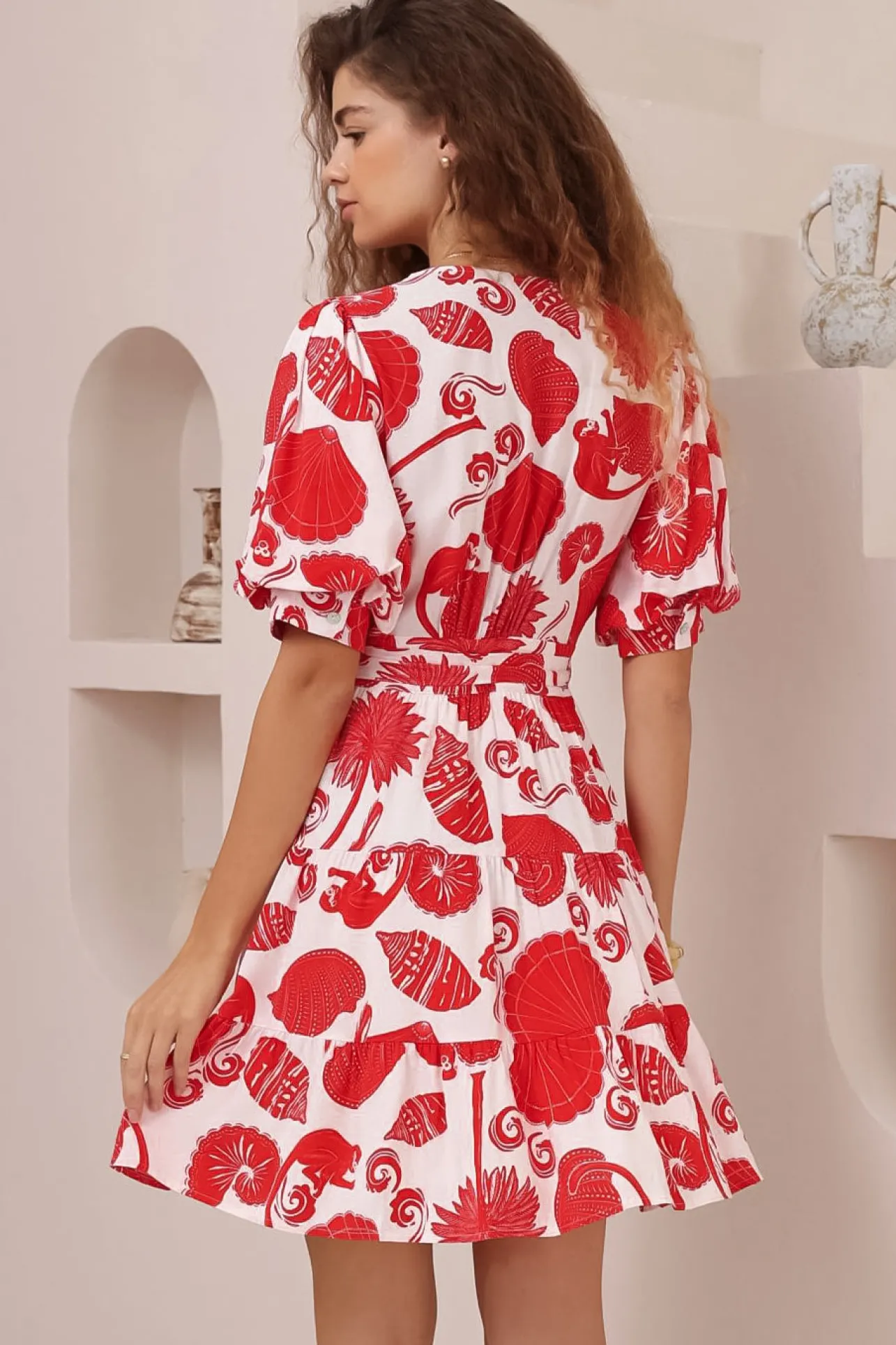 Pippa Mini Dress - V-Neck Wrap Dress with Short Balloon Sleeves in Alexa Print>Salty Crush Clearance