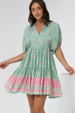 Pomeline Mini Dress - Round Neckline with Tie Babydoll Dress in Roxia Print>Salty Crush Clearance