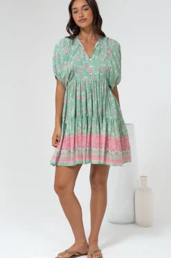 Pomeline Mini Dress - Round Neckline with Tie Babydoll Dress in Roxia Print>Salty Crush Clearance