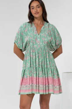 Pomeline Mini Dress - Round Neckline with Tie Babydoll Dress in Roxia Print><noscript><img width=