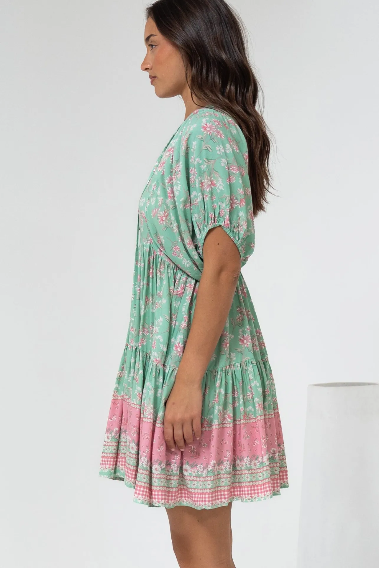 Pomeline Mini Dress - Round Neckline with Tie Babydoll Dress in Roxia Print>Salty Crush Clearance