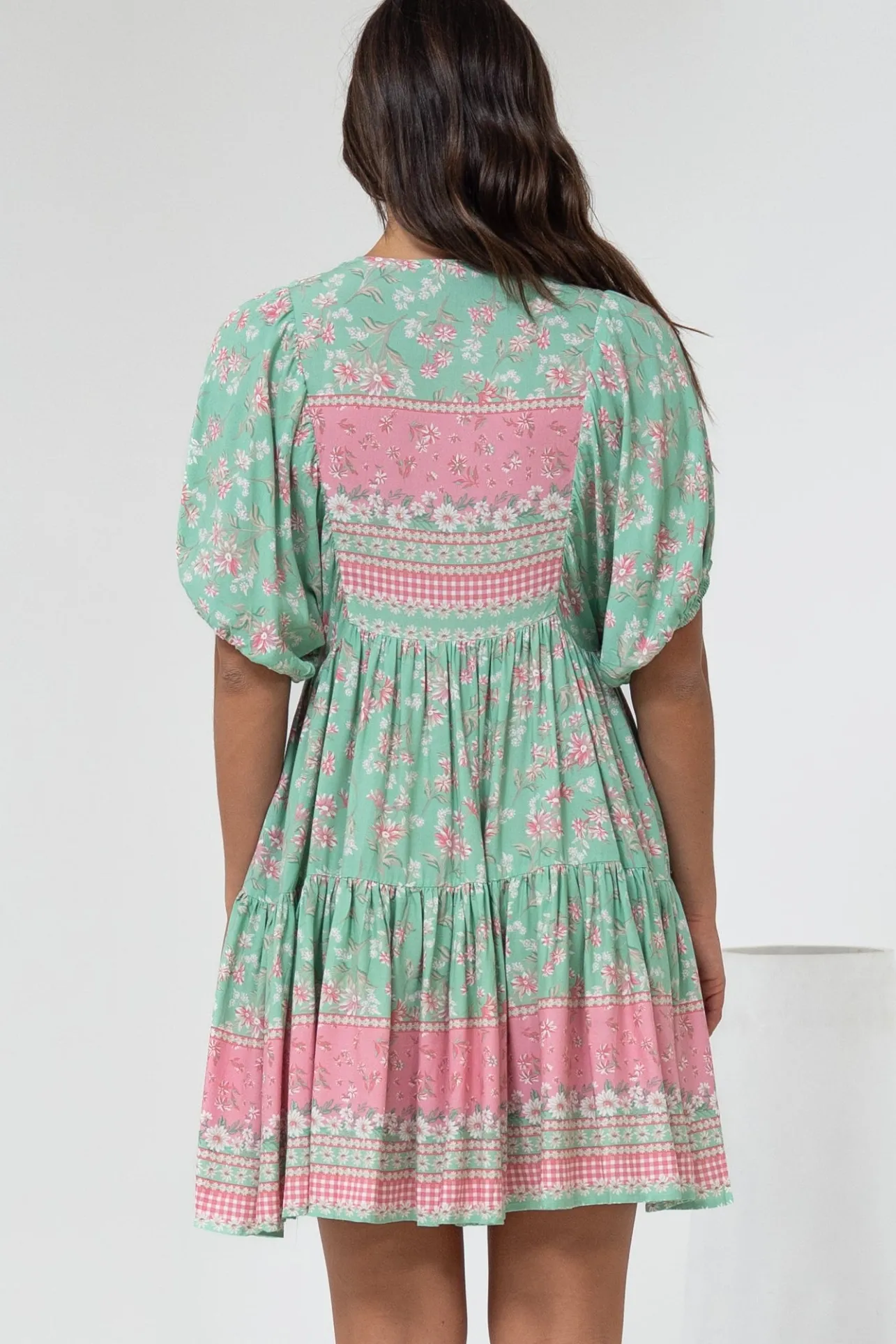Pomeline Mini Dress - Round Neckline with Tie Babydoll Dress in Roxia Print>Salty Crush Clearance