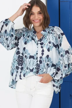 Portia Blouse - Button Down Lace Detail Shirt in Calea Blue Print>Salty Crush Hot