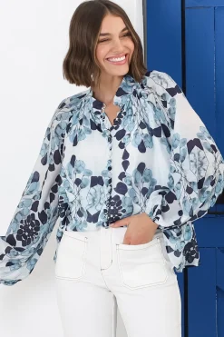 Portia Blouse - Button Down Lace Detail Shirt in Calea Blue Print><noscript><img width=