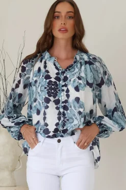Portia Blouse - Button Down Lace Detail Shirt in Calea Blue Print><noscript><img width=