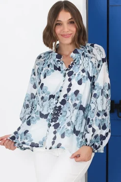 Portia Blouse - Button Down Lace Detail Shirt in Calea Blue Print><noscript><img width=