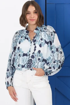 Portia Blouse - Button Down Lace Detail Shirt in Calea Blue Print><noscript><img width=