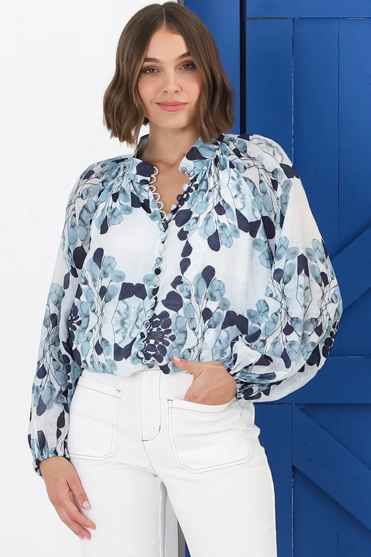 Portia Blouse - Button Down Lace Detail Shirt in Calea Blue Print>Salty Crush Hot