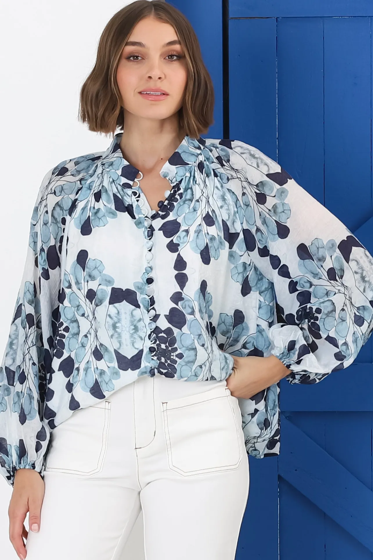 Portia Blouse - Button Down Lace Detail Shirt in Calea Blue Print>Salty Crush Hot