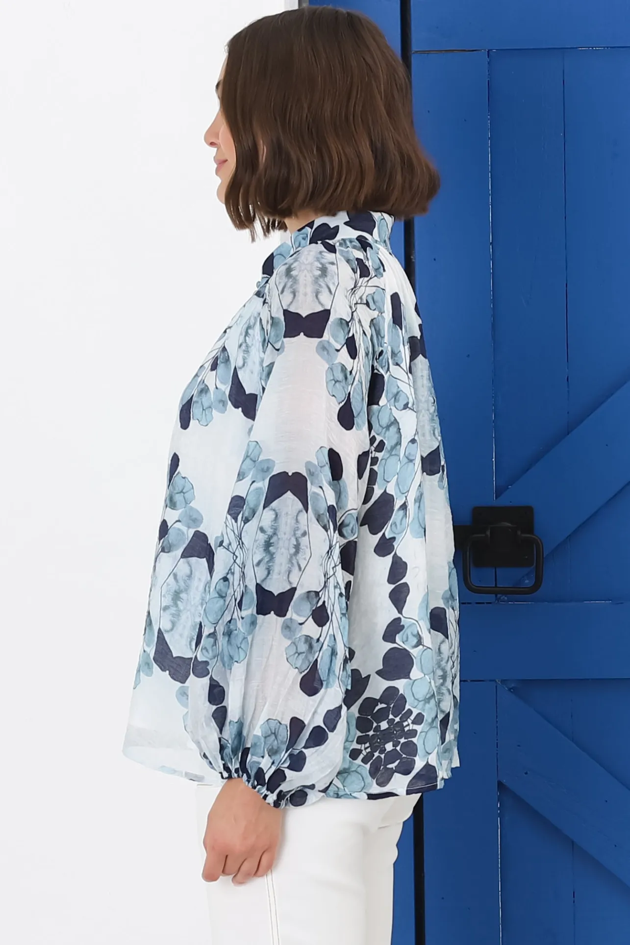 Portia Blouse - Button Down Lace Detail Shirt in Calea Blue Print>Salty Crush Hot