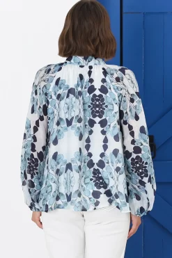 Portia Blouse - Button Down Lace Detail Shirt in Calea Blue Print><noscript><img width=