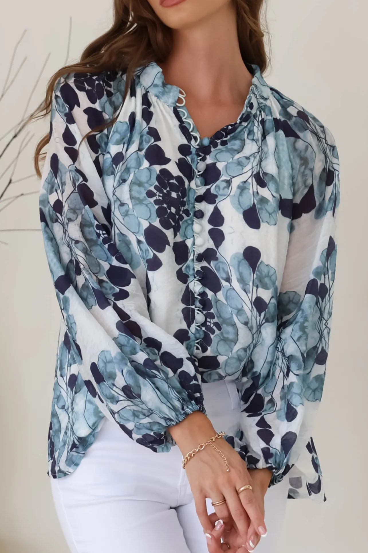 Portia Blouse - Button Down Lace Detail Shirt in Calea Blue Print>Salty Crush Hot