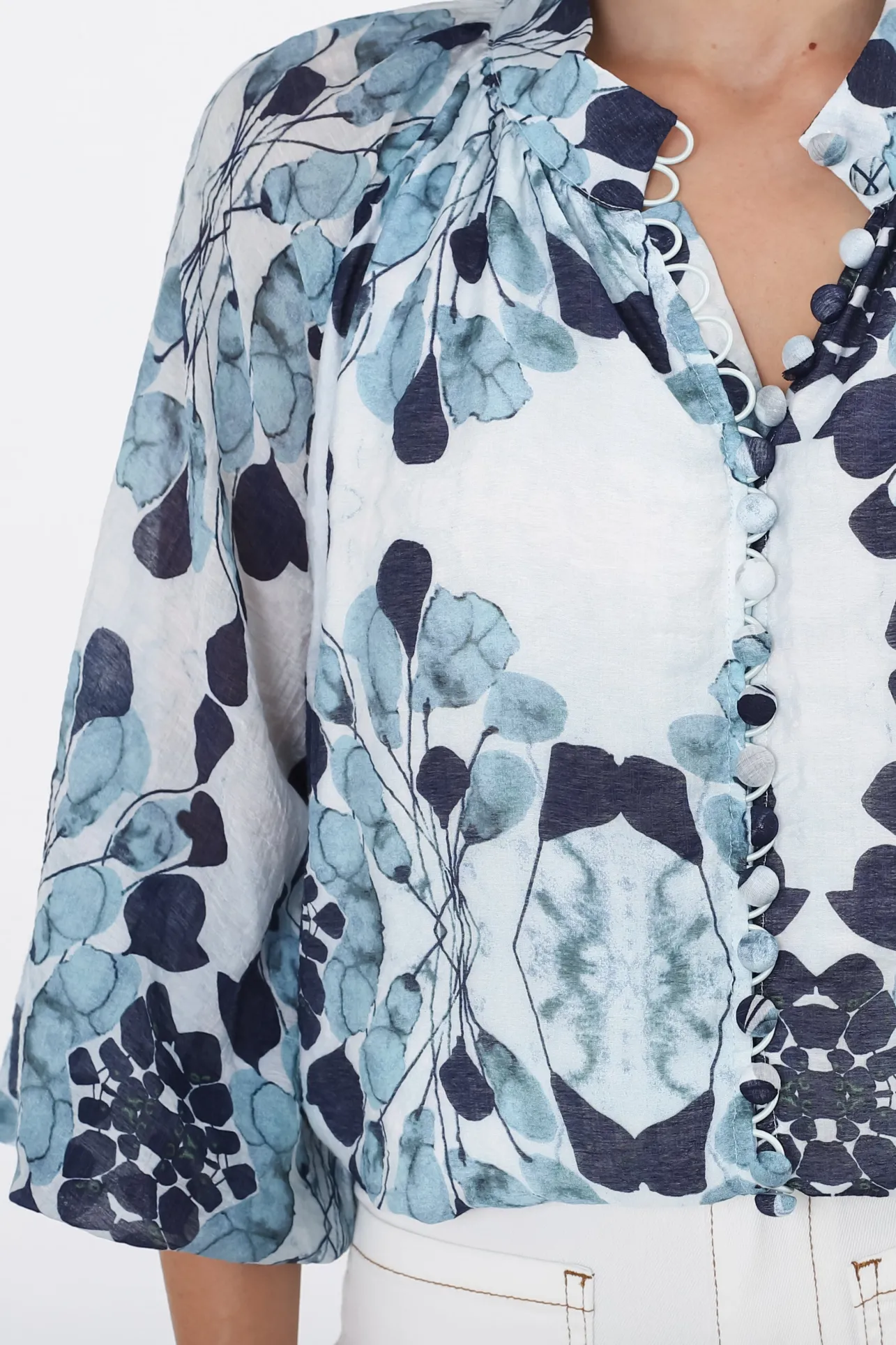 Portia Blouse - Button Down Lace Detail Shirt in Calea Blue Print>Salty Crush Hot