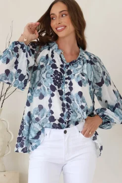 Portia Blouse - Button Down Lace Detail Shirt in Calea Blue Print><noscript><img width=