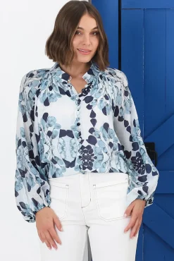 Portia Blouse - Button Down Lace Detail Shirt in Calea Blue Print><noscript><img width=