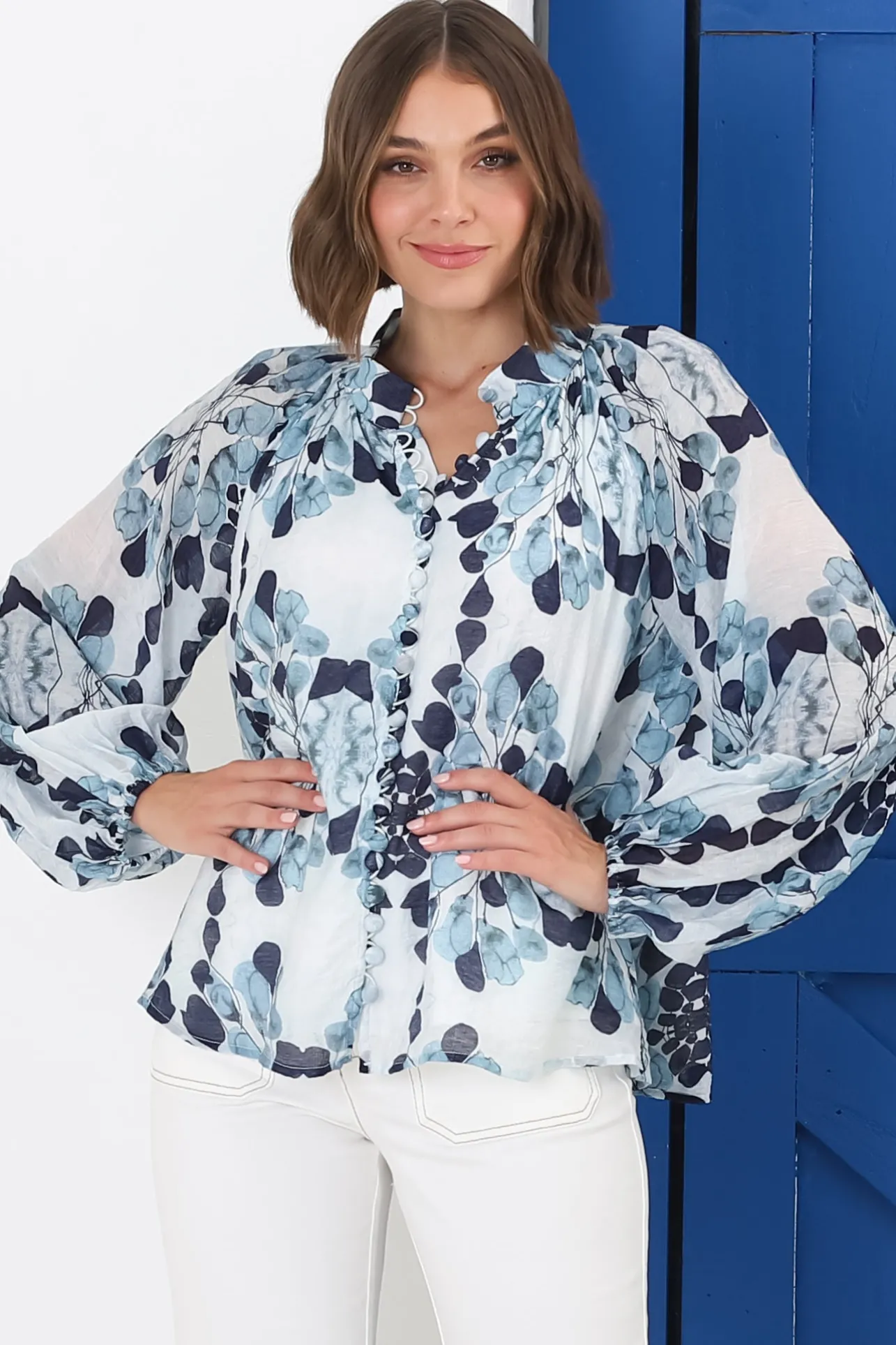 Portia Blouse - Button Down Lace Detail Shirt in Calea Blue Print>Salty Crush Hot