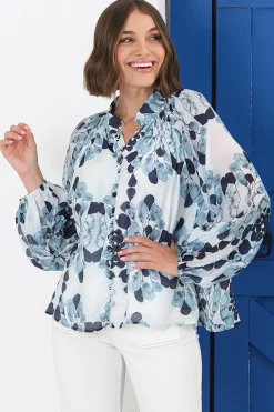 Portia Blouse - Button Down Lace Detail Shirt in Calea Blue Print><noscript><img width=