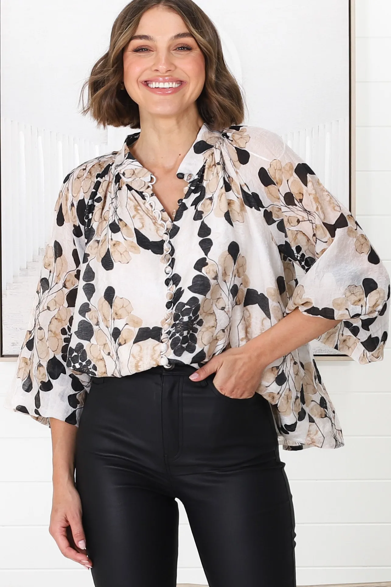 Portia Blouse - Button Down Lace Detail Shirt in Calea Beige Print>Salty Crush Hot