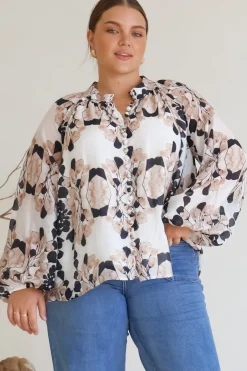 Portia Blouse - Button Down Lace Detail Shirt in Calea Beige Print>Salty Crush Hot