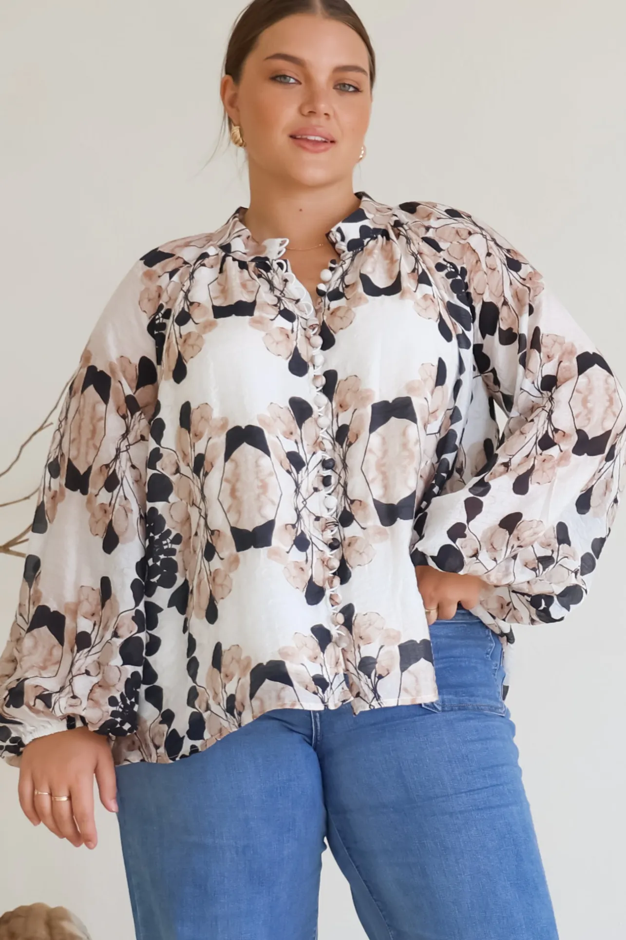 Portia Blouse - Button Down Lace Detail Shirt in Calea Beige Print>Salty Crush Hot
