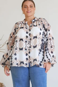 Portia Blouse - Button Down Lace Detail Shirt in Calea Beige Print><noscript><img width=