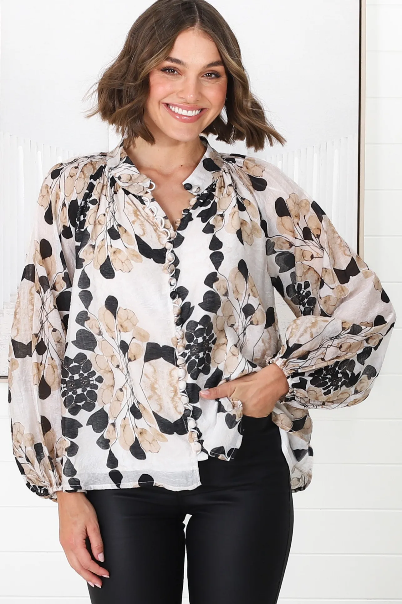 Portia Blouse - Button Down Lace Detail Shirt in Calea Beige Print>Salty Crush Hot