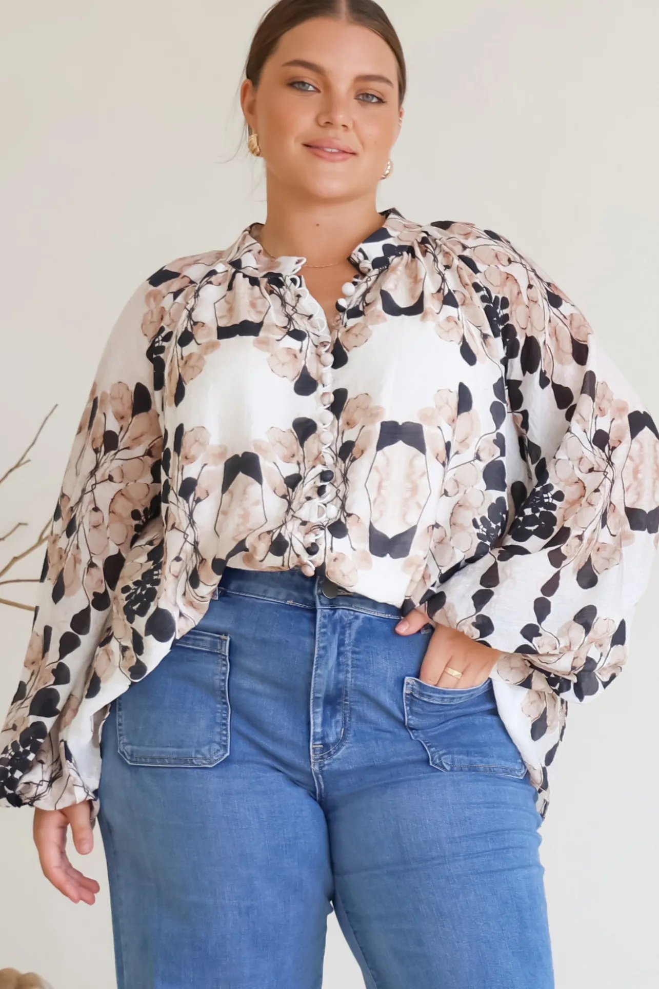 Portia Blouse - Button Down Lace Detail Shirt in Calea Beige Print>Salty Crush Hot
