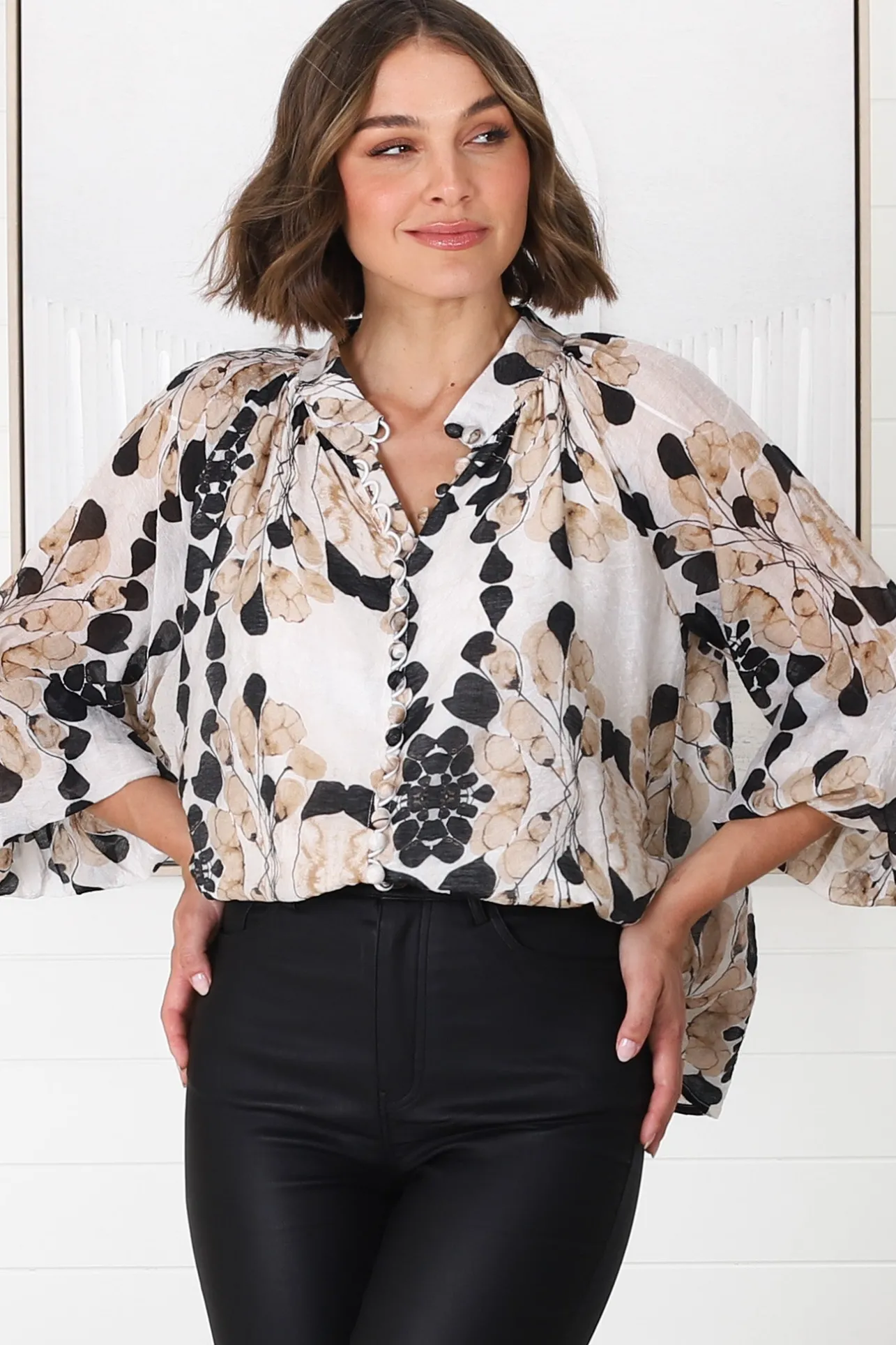 Portia Blouse - Button Down Lace Detail Shirt in Calea Beige Print>Salty Crush Hot