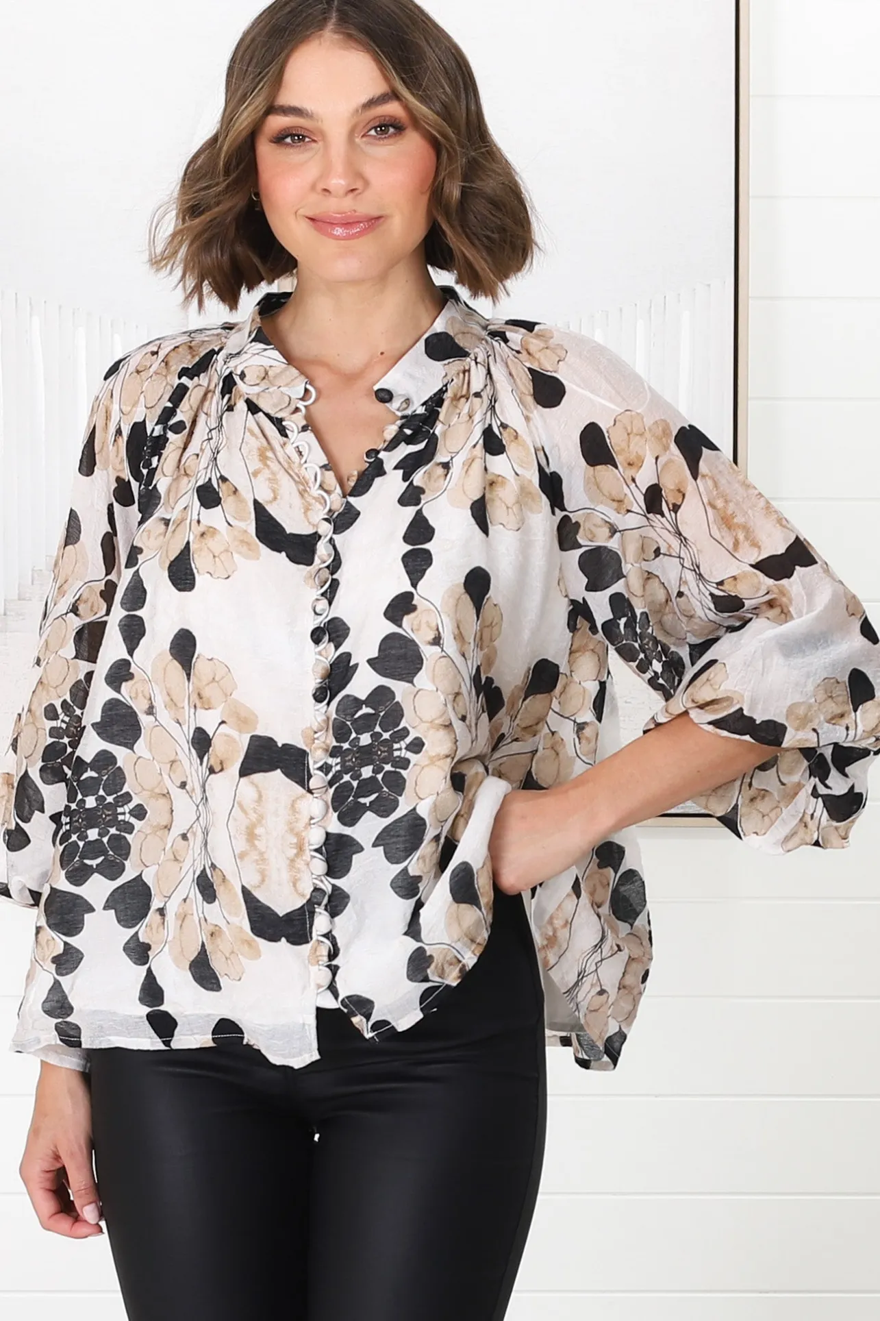 Portia Blouse - Button Down Lace Detail Shirt in Calea Beige Print>Salty Crush Hot
