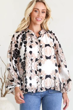 Portia Blouse - Button Down Lace Detail Shirt in Calea Beige Print><noscript><img width=