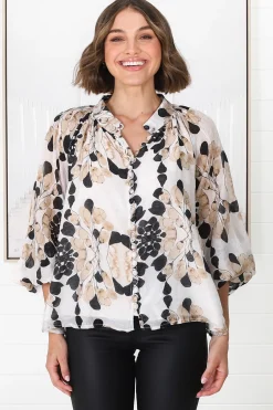 Portia Blouse - Button Down Lace Detail Shirt in Calea Beige Print><noscript><img width=