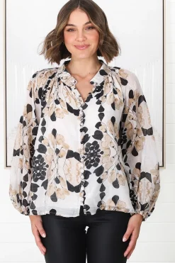 Portia Blouse - Button Down Lace Detail Shirt in Calea Beige Print><noscript><img width=